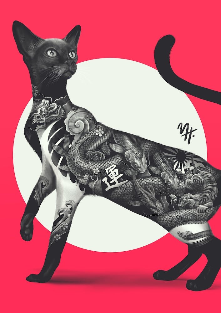 Japanese Cat Tattoo Red