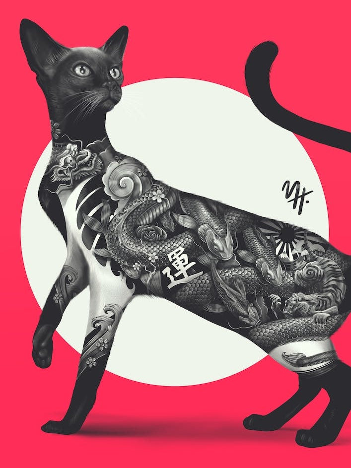 Japanese Cat Tattoo Red