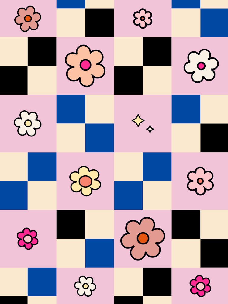 Checkerboard Flower Pink And Blue