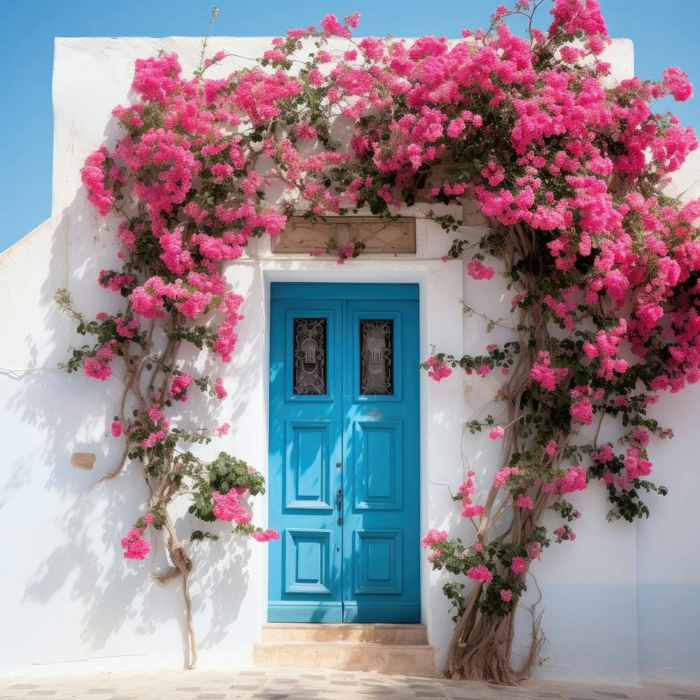 Blue Door With Bougainvillea
