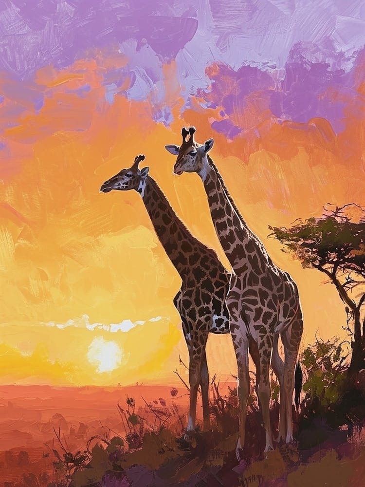 Two Giraffes At Sunset Purple 3