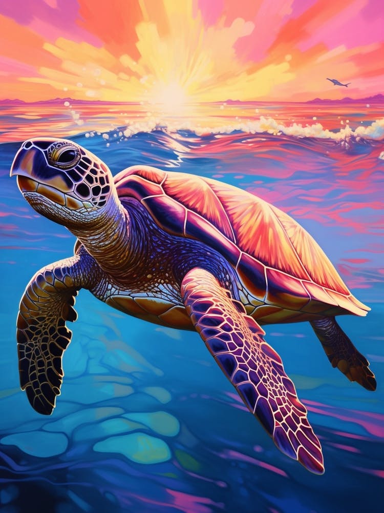 Vivid Sea Turtles In Ocean At Sunset 2