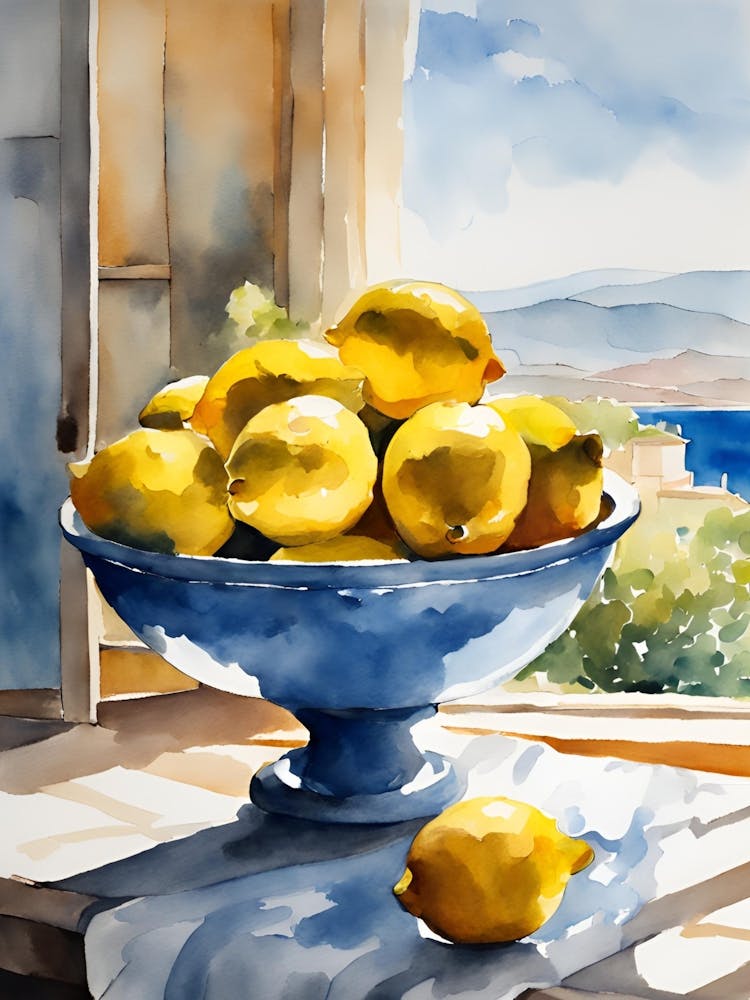 Lemons in bowl in front of a window