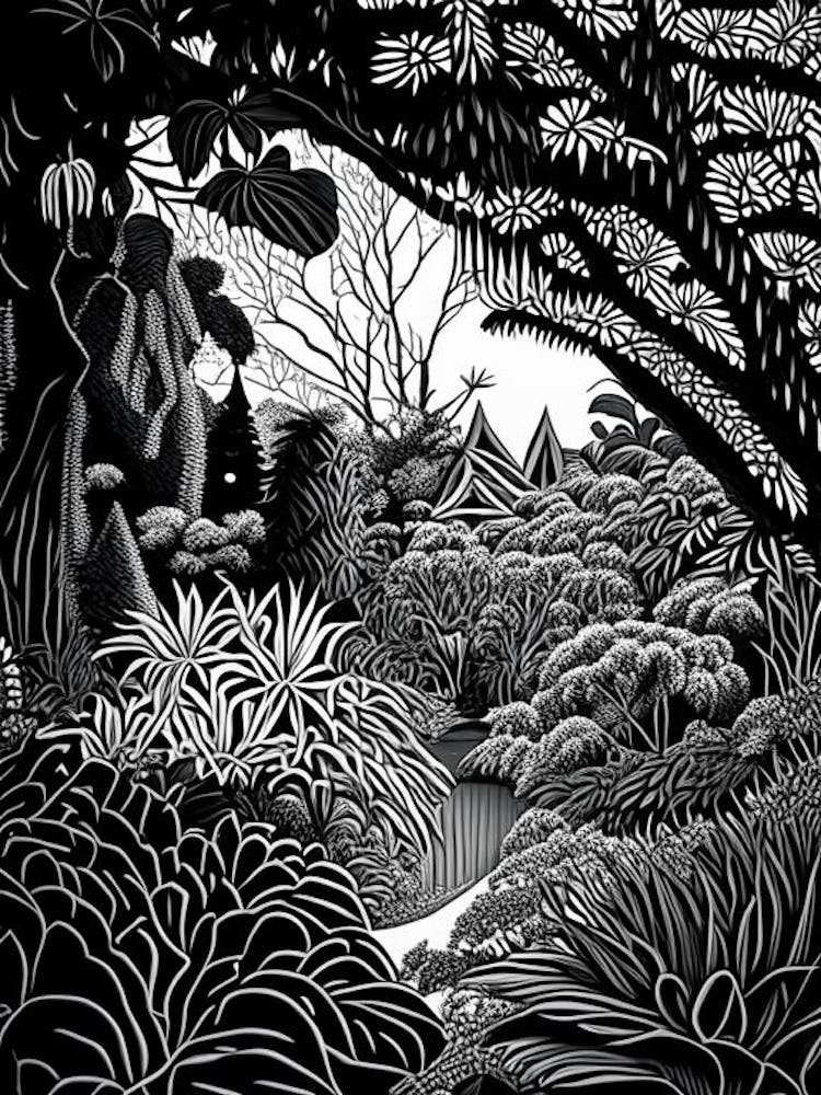 Christchurch Botanic Gardens, New Zealand Linocut Black And White Vintage