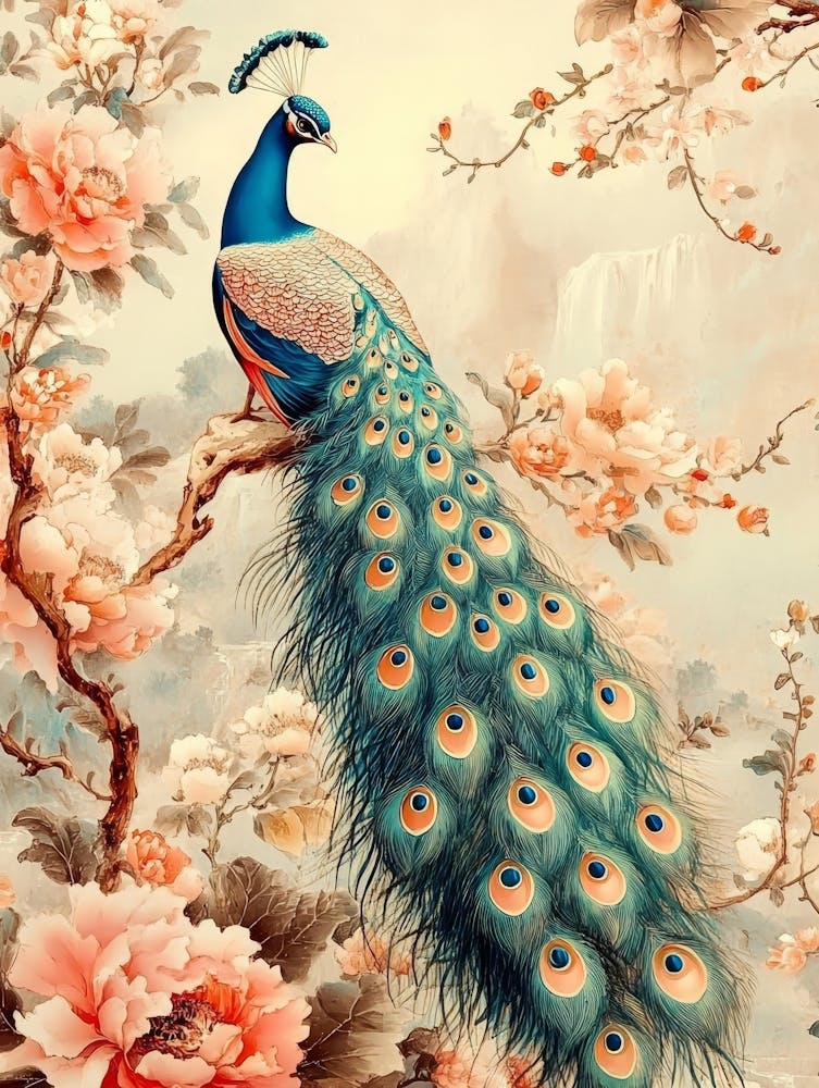 Luxury Chinoiserie Painting Of Peacock On Vintage Floral Pattern