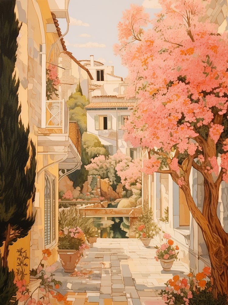 Marbella Spain 2 Vintage Pink Travel Illustration