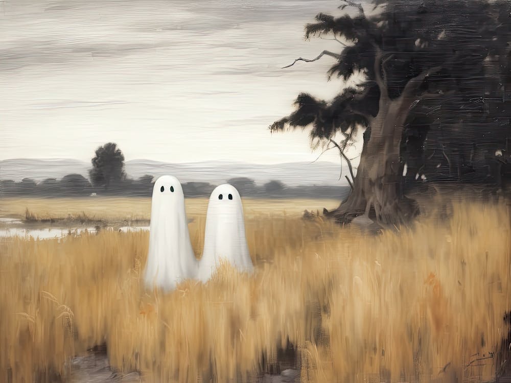 Cute Bedsheet Ghosts In Flower Landscape Vintage Style, Halloween Spooky