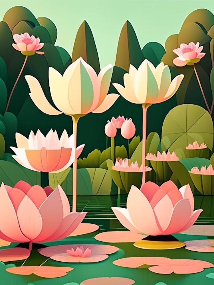 Lotus Flowers In Park Scandi Cartoon 2