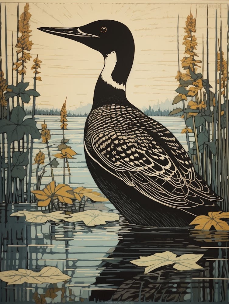Vintage Bird Linocut Common Loon 1