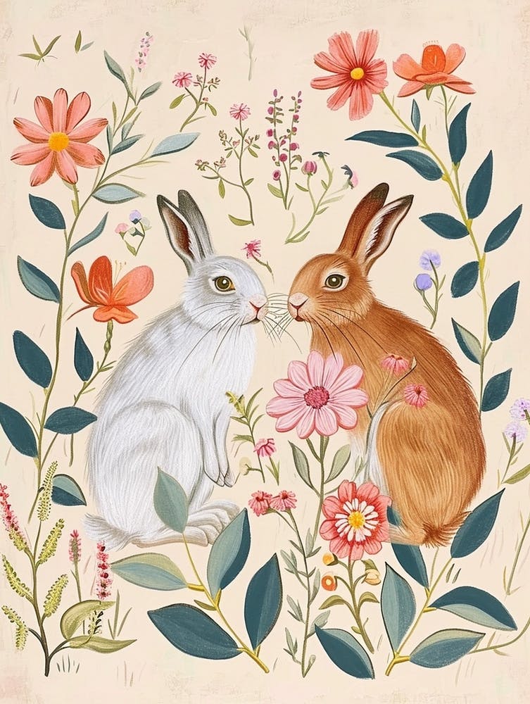Folksy Floral Animal Drawing Rabbit 4