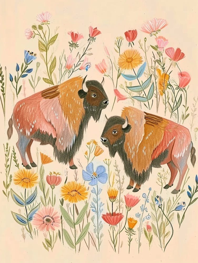 Folksy Floral Animal Drawing Bison