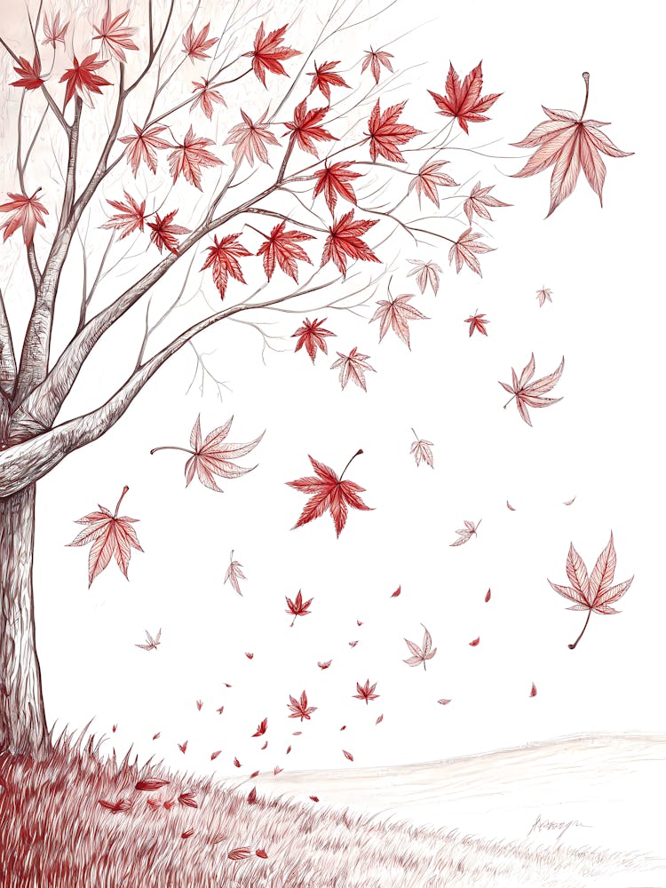 Minimalist Ink Sketch Of Red Maple Leaves Fallin