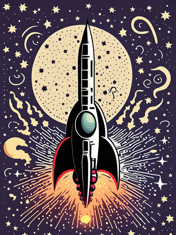 Retro Rocket Launch with Moonlit Galaxy Backdrop
