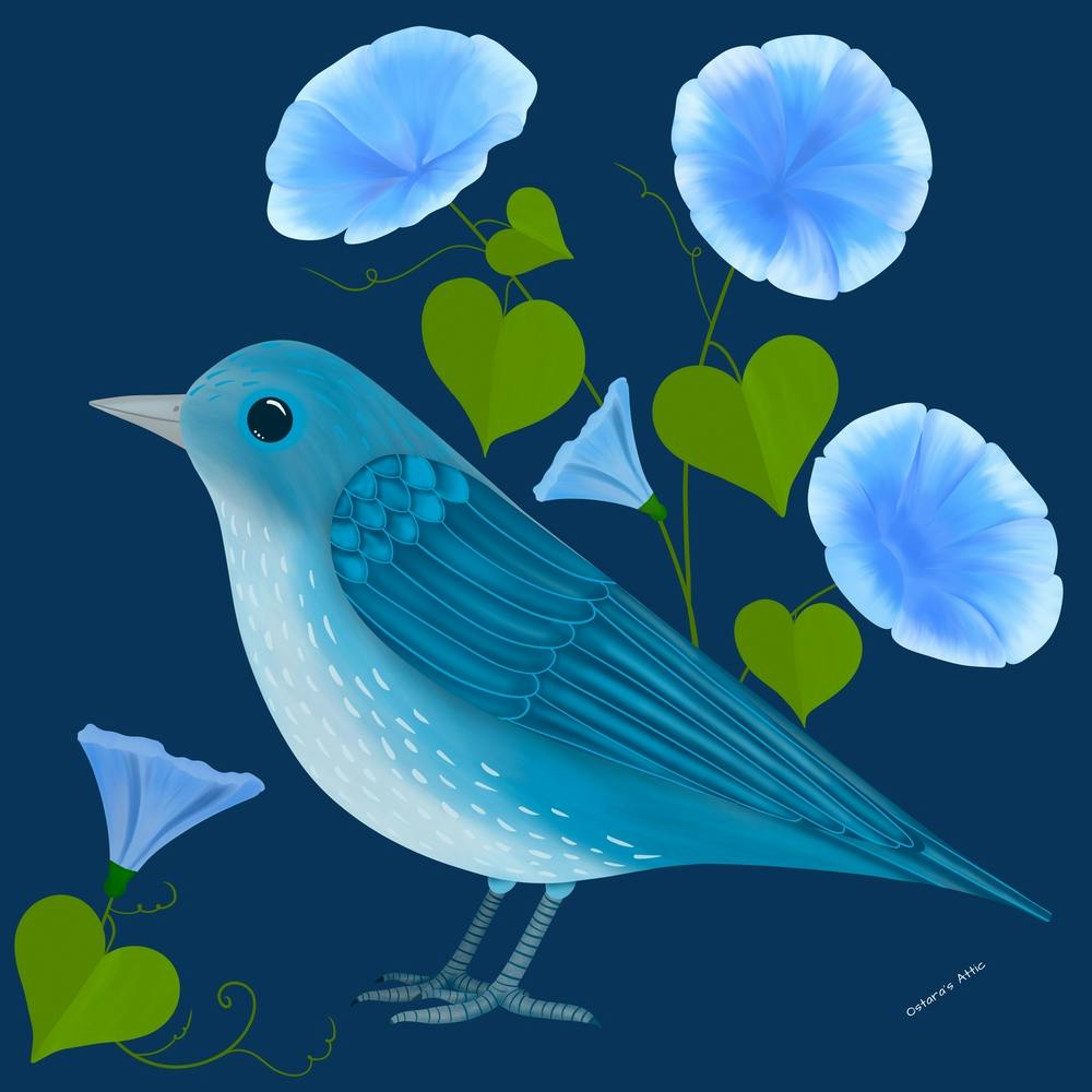 Folk Art Blue Bird With Flowers Square