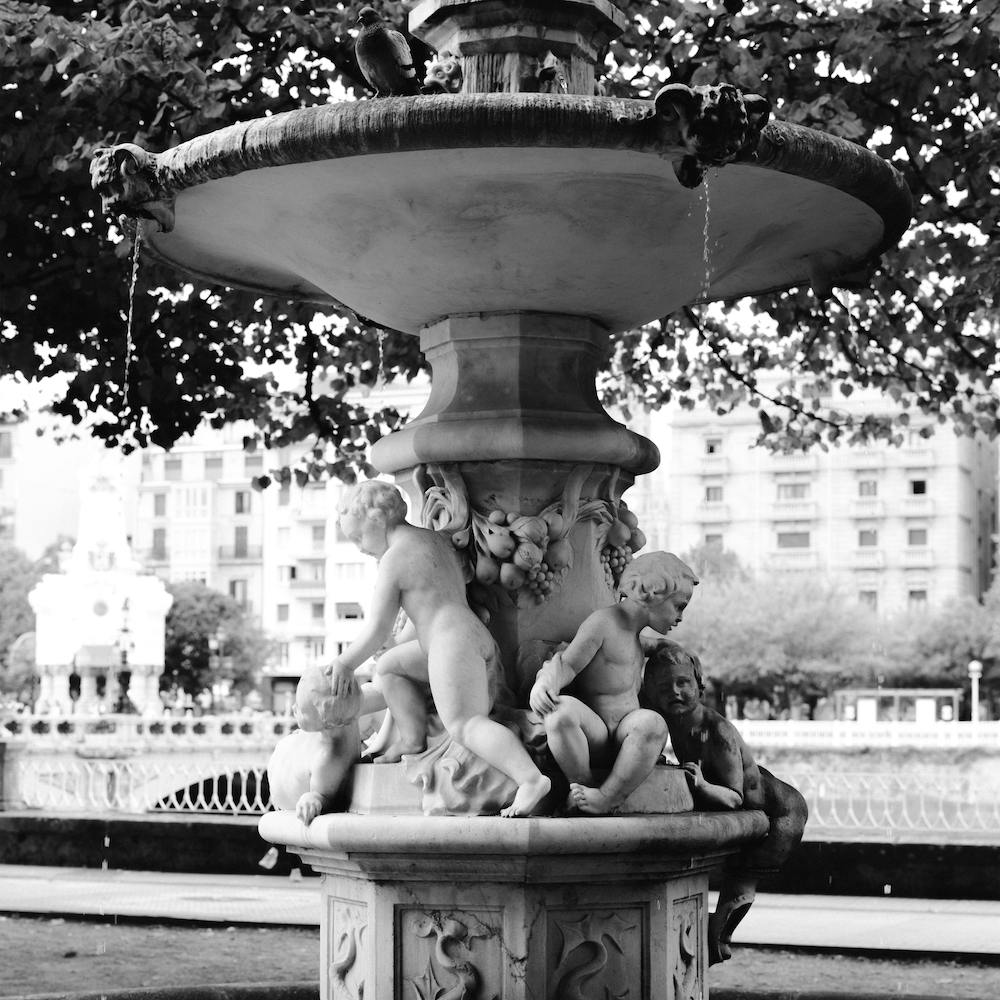 Water Fountain Statue, Black And White St Sebastian, Spain Square