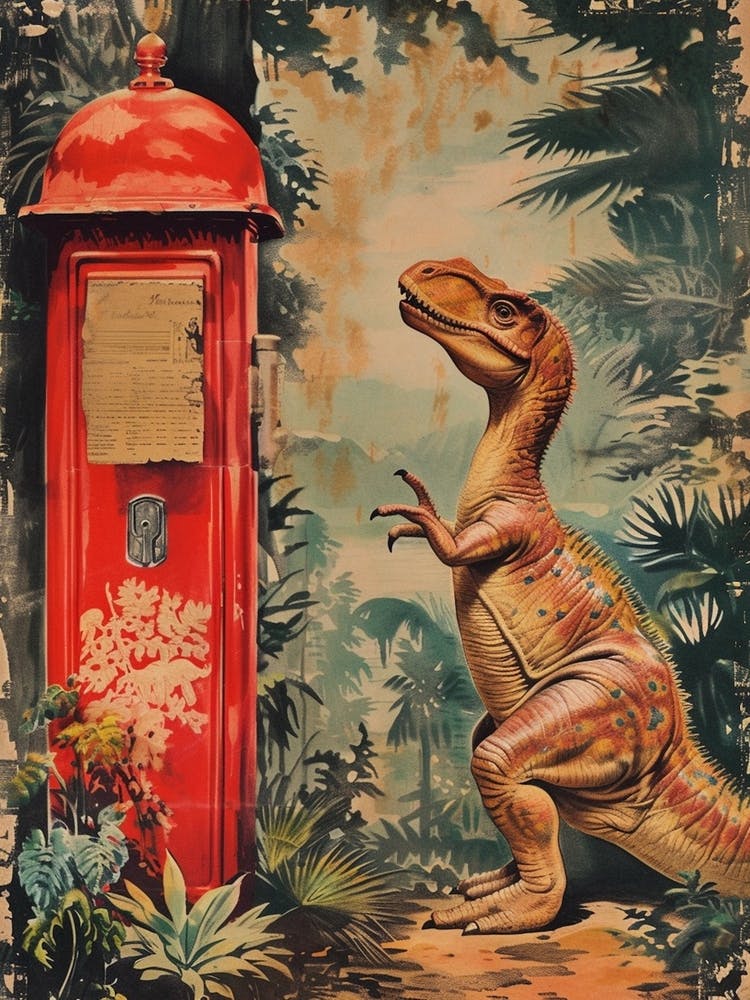 Dinosaur At The Postbox Retro Collage 1