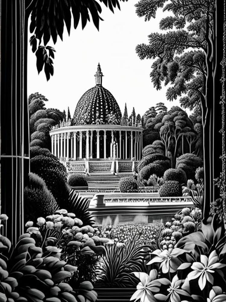 Royal Palace Of Laeken Gardens, 1,  Belgium Linocut Black And White Vintage