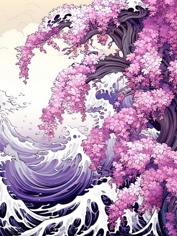 Great Wave With Wisteria Flower Drawing In The Style Of Ukiyo E 4