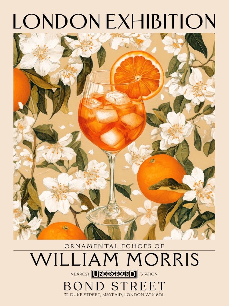 Aperol Spritz cocktail print William Morris style maximalist floral art, summer inspired drink wall art vintage botanical still life eclectic decor for bar cart, living room, kitchen, dining room 14