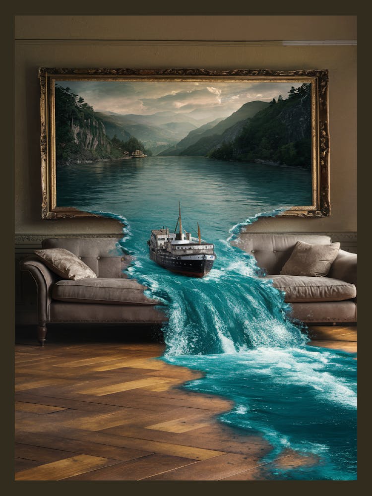 Surreal Escape River From Oil Painting Spills Into Living Room Scene 3