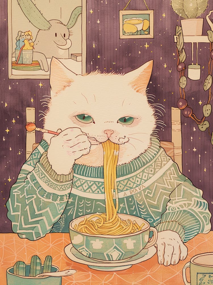 White Cat Pasta Lover Folk Illustration 1