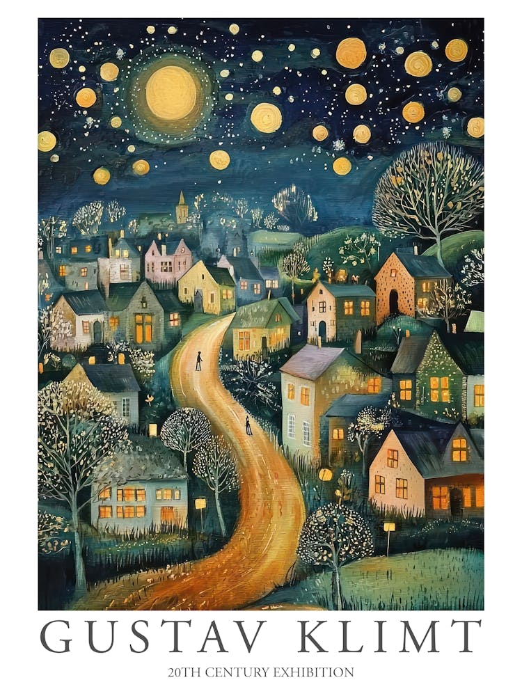 Gustav Klimt Print Night Town Stars Moon Poster Klimt Exhibition Poster Painting Flower Garden