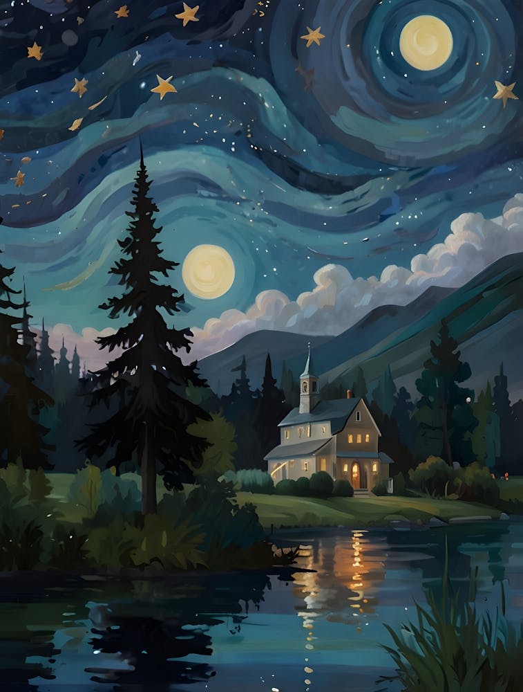 Create an image of a dreamy night landscape featuring swirling stars and a crescent moon in a deep blue sky. In the foreground, include a serene lake reflecting the celestial scene, bordered by lush greenery and cypress trees.