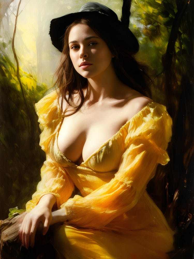 Belle Jeune Femme Magnifique Femme En Robe Jaune Victorienne Fantaisie Édouardienne Peinture Numérique
