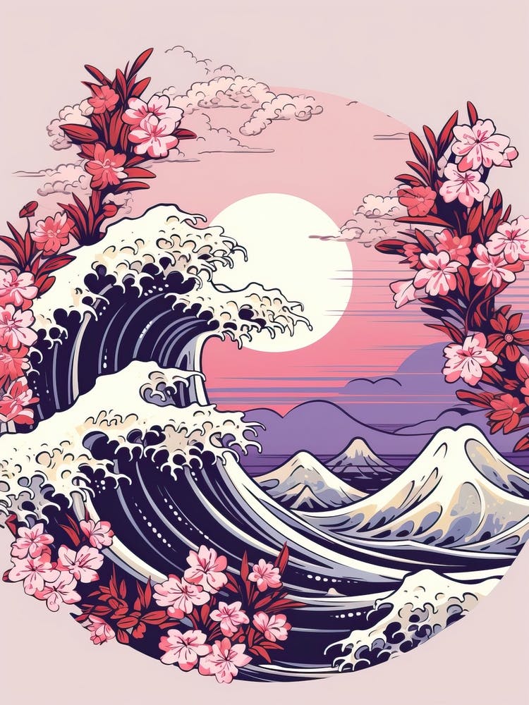 Great Wave With Lavender Flower Drawing In The Style Of Ukiyo E 4