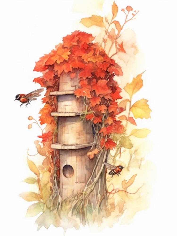 Red Mason Bee Beehive Watercolour Illustration 5