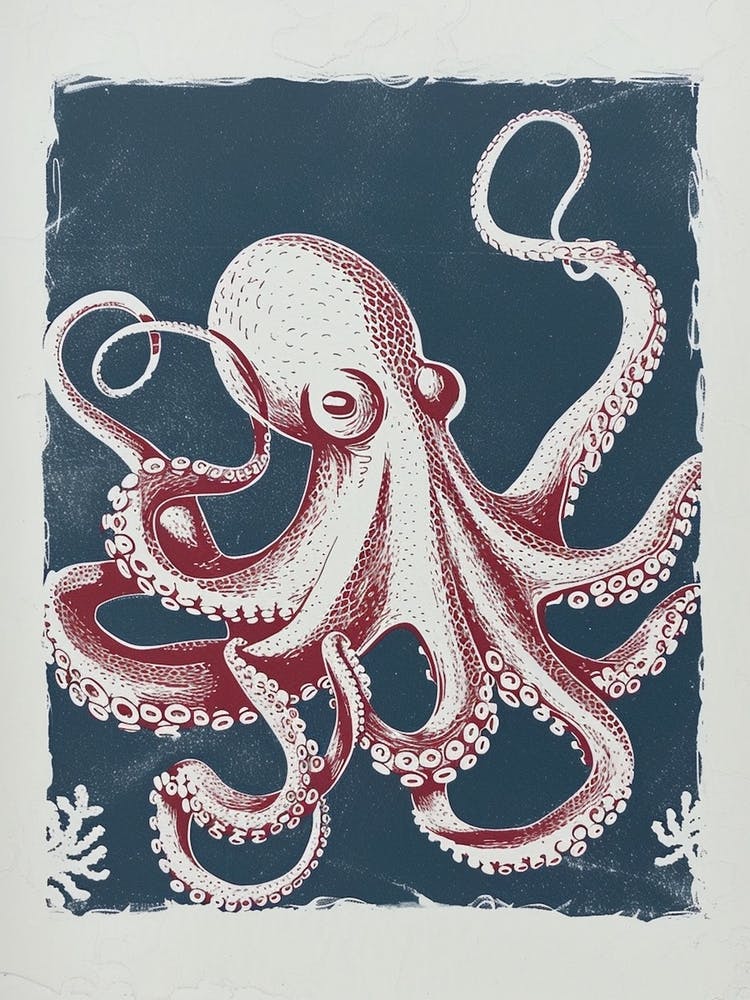 Octopus Swimming Around With Tentacles Red Navy Linocut Inspired 3