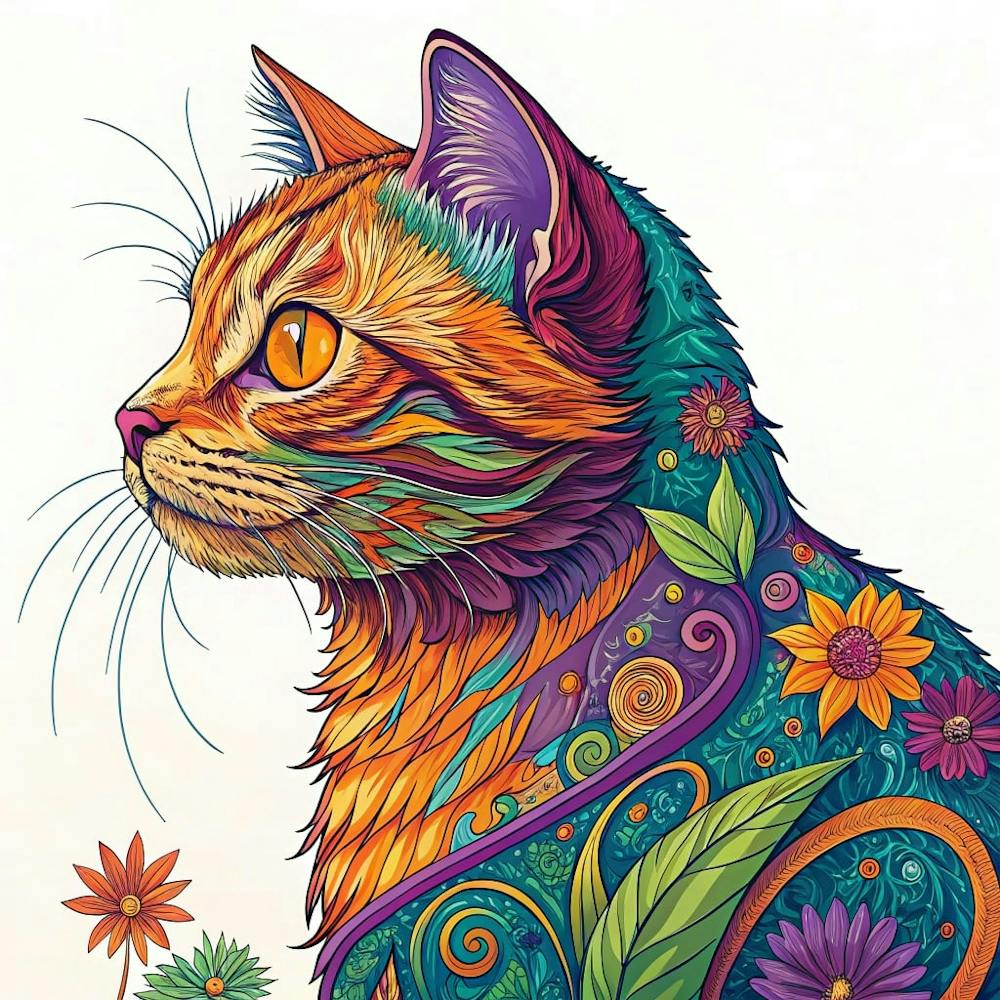 Boho Cat With Whimsical Flowers
