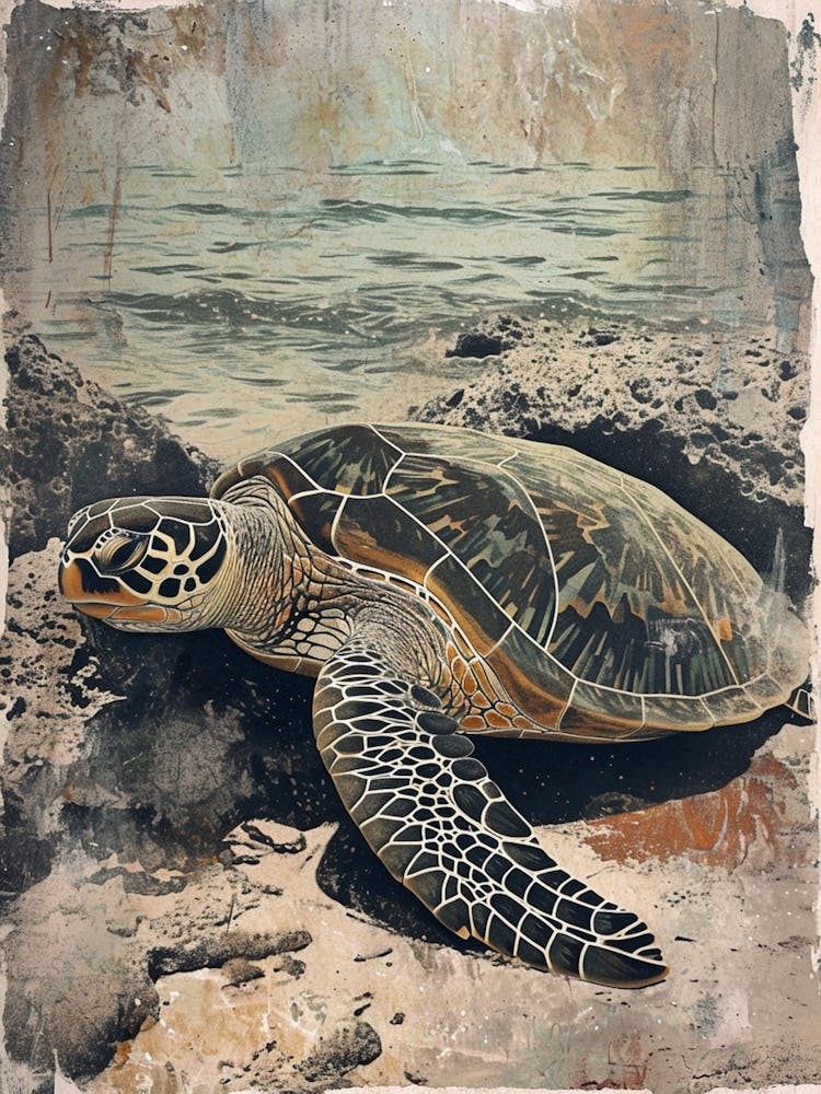 Tortue Marine sur la Plage Rocheuse, Inspiration Aquarelle 1