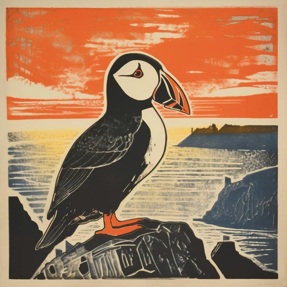 Retro Bird Lithograph Puffin 3