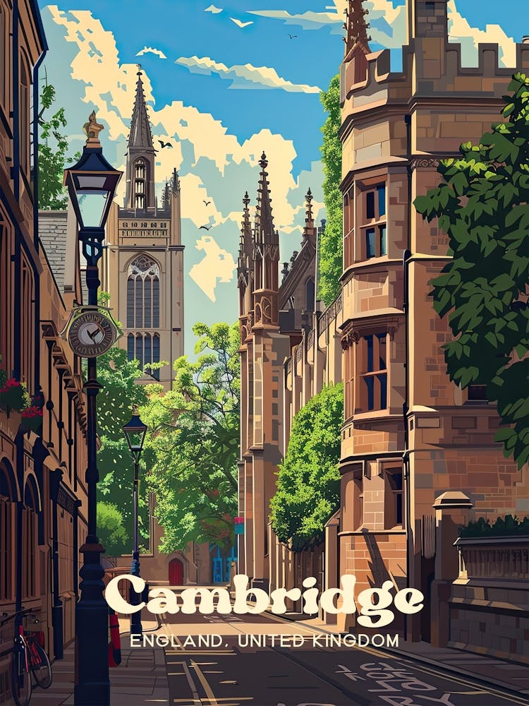 Cambridge England Architecture Travel Art Illustration