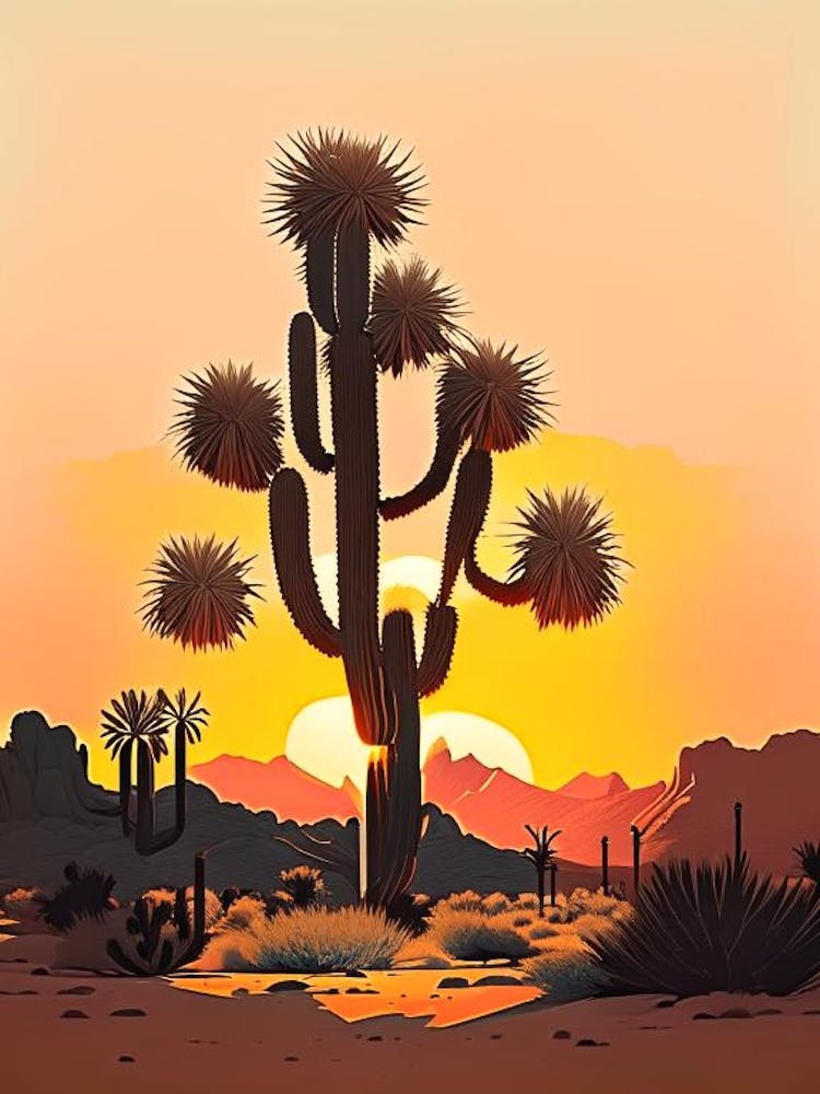 Joshua Tree In der Morgendämmerung in der Wüste Retro Illustration (1)