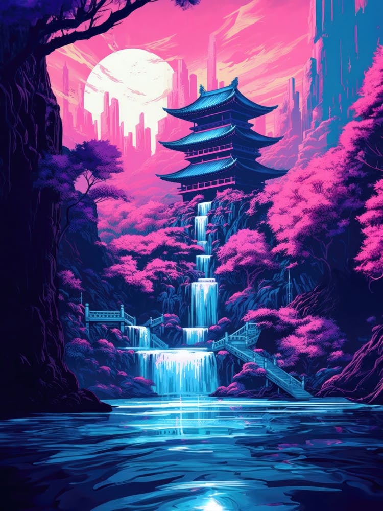 Neon Asian Pagoda Landscape Waterfall Painting