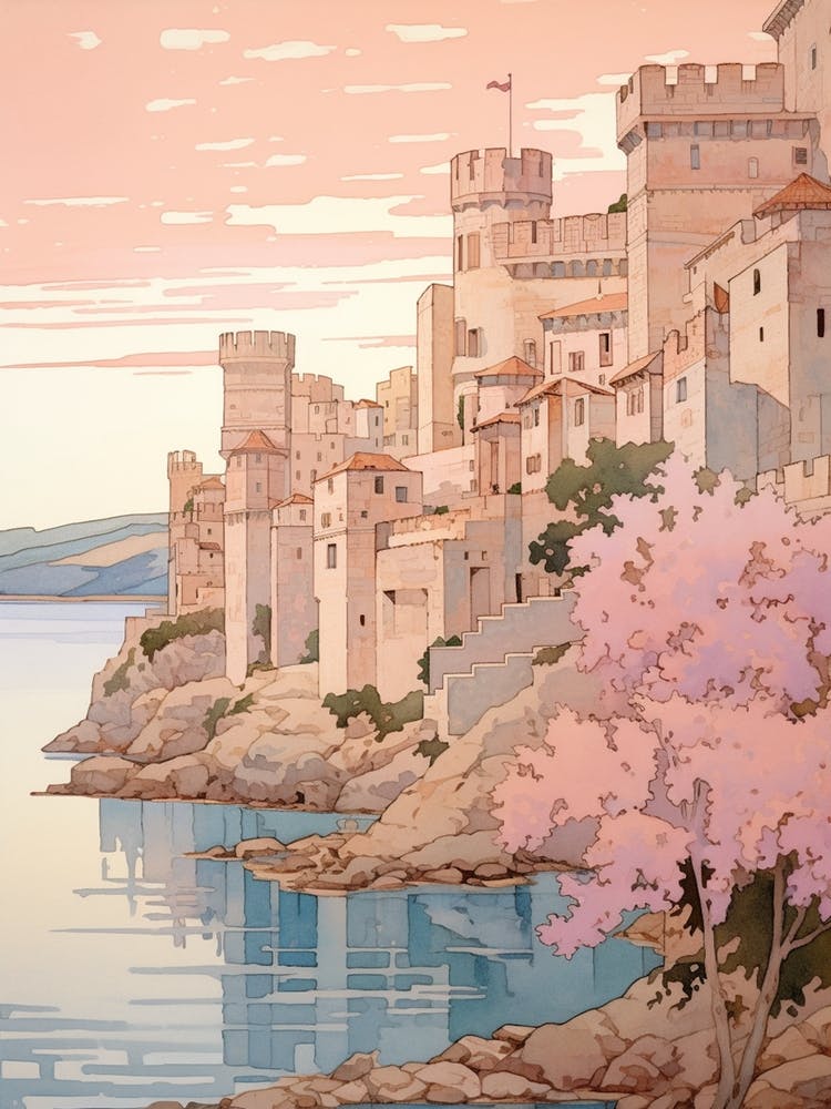 Korcula Croatia 1 Vintage Pink Travel Illustration