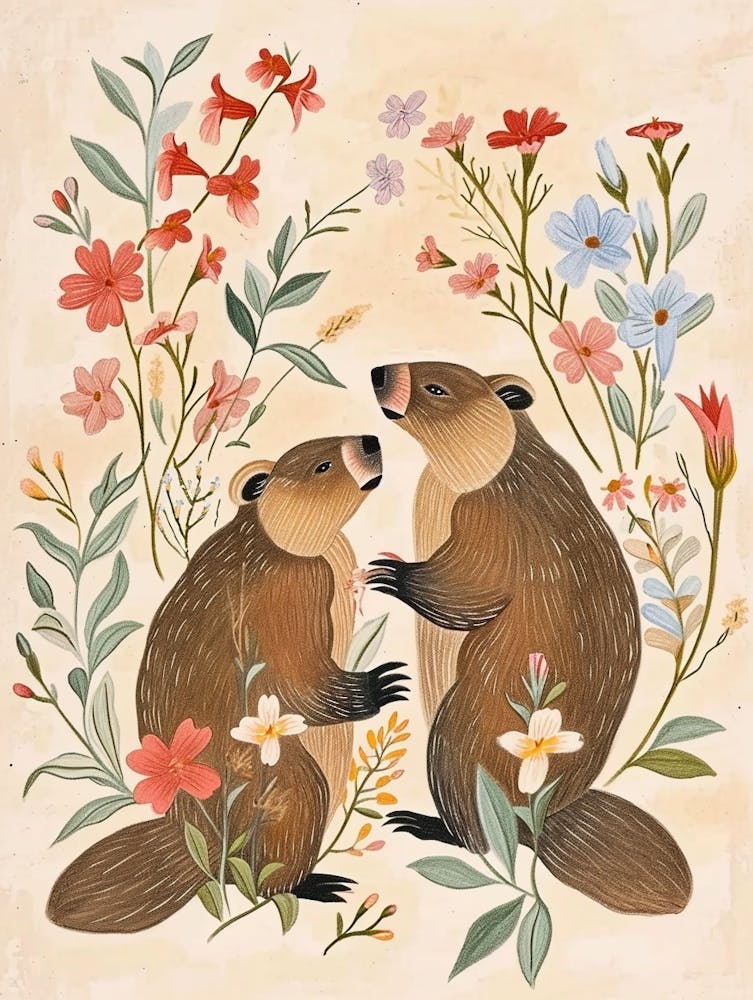 Folksy Floral Animal Drawing Beaver 2