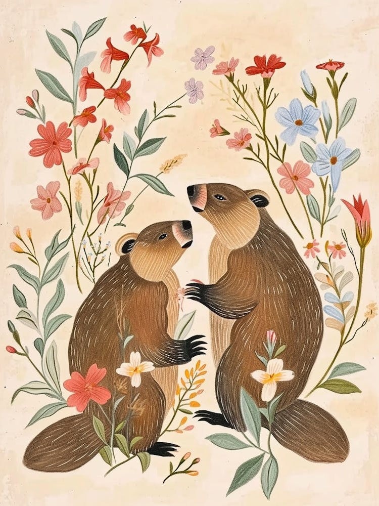 Folksy Floral Animal Drawing Beaver 2