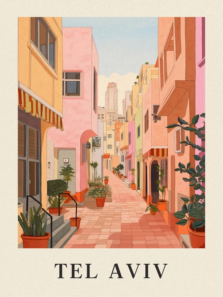 Tel Aviv Israel 6 Vintage Pink Travel Illustration Poster