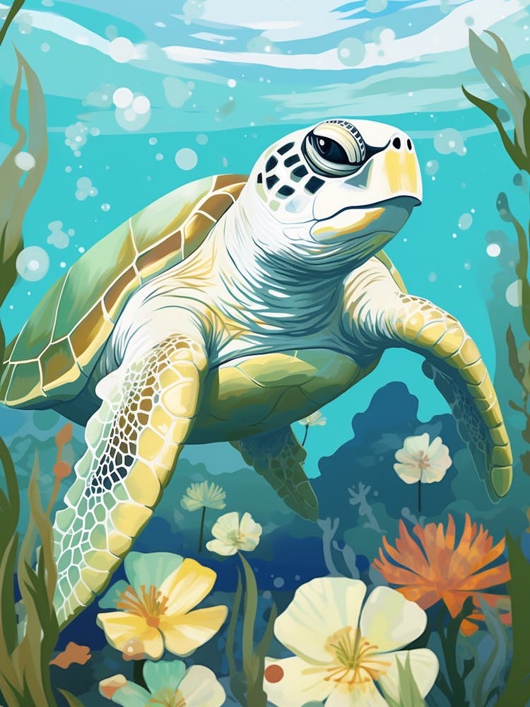 Modern Illustration Of Sea Turtle & Flowers 1