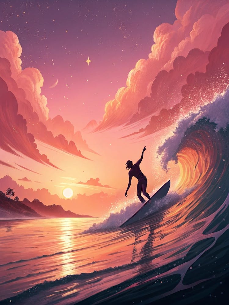 Surf Beach Oil Painting Print Surfing Poster Coastal Wall Art Boho Print (1)