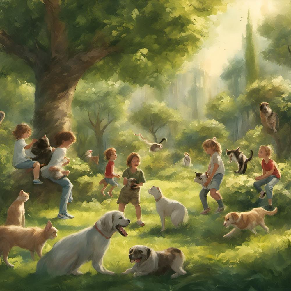 Children In The Park With Dogs