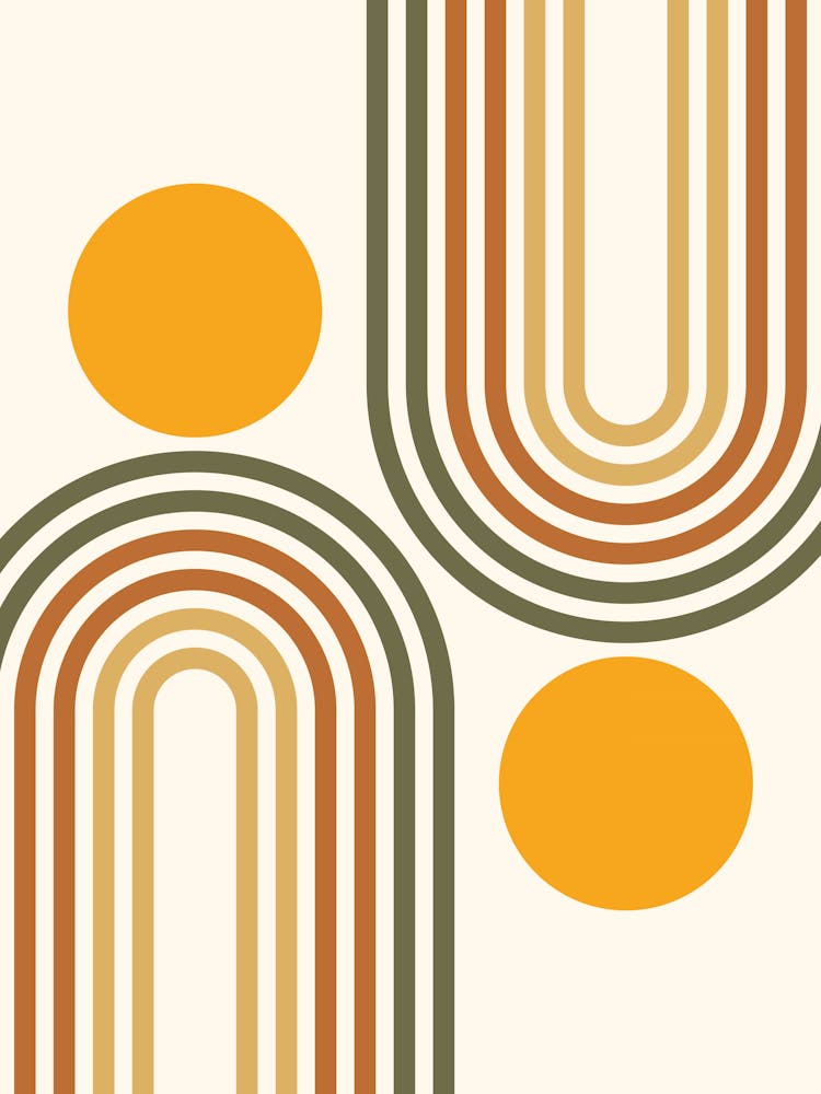 Mid Century Modern Geometric Rainbow And Sun Abstract A6 In Tropical Sage Gold 01