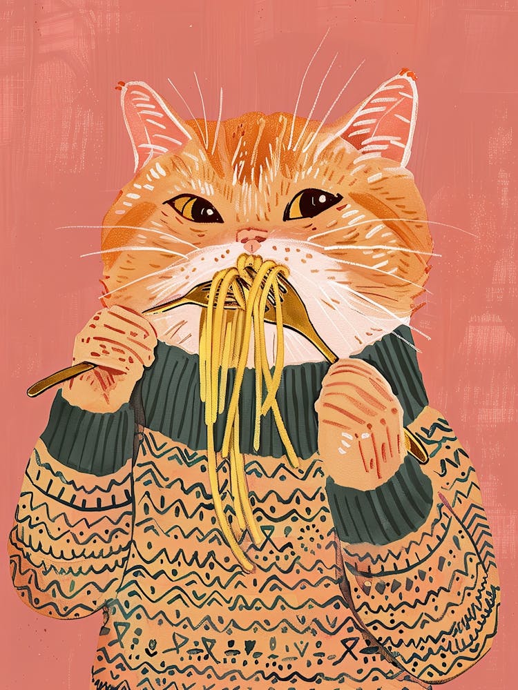 Cute Tan Cat Pasta Lover Folk Illustration 1