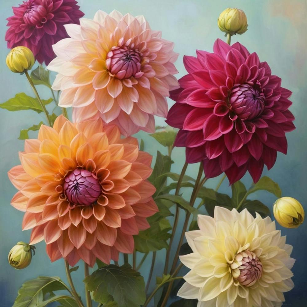 Dahlias flower plants painting art print