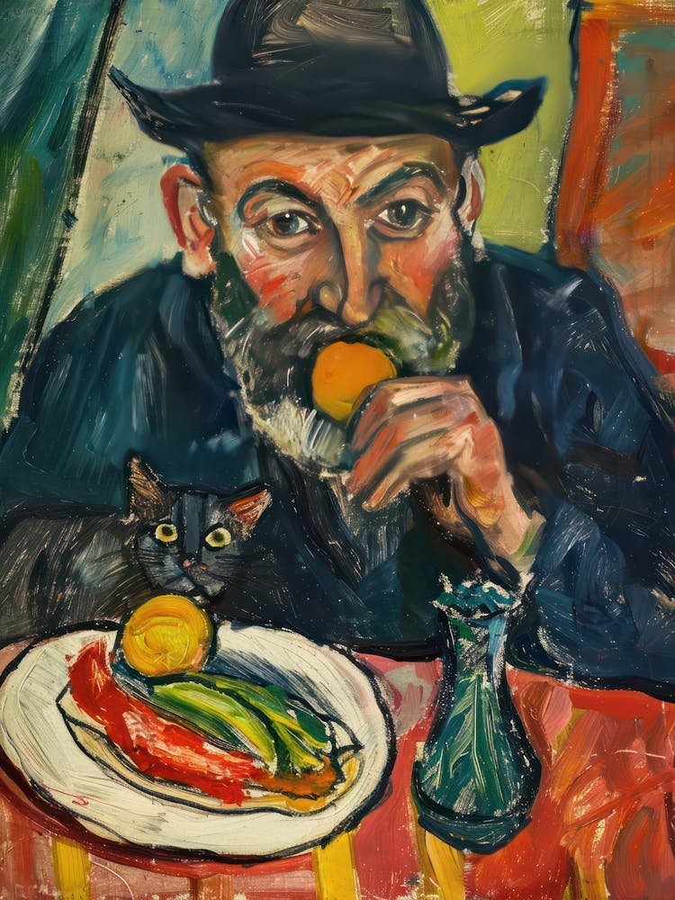 Porträt eines Mannes mit Katzen, die Tacos essen 3