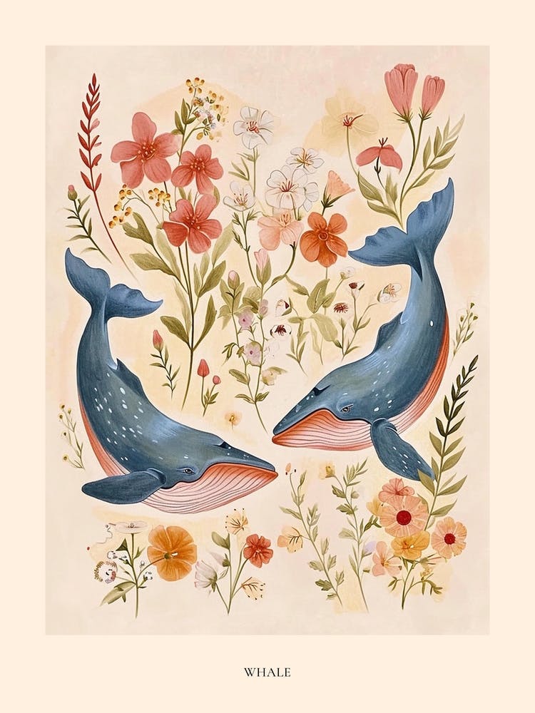 Folksy Floral Animal Drawing Whale Poster