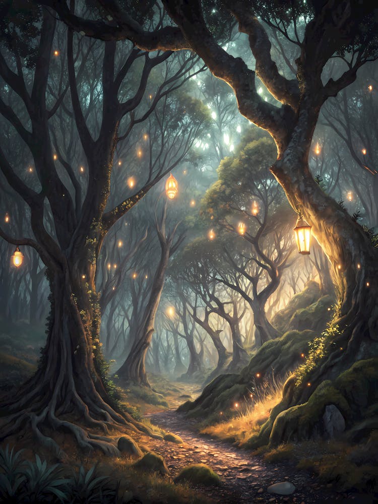 A Dark Forest Illuminated by Glowing Lanterns Oil Painting Style